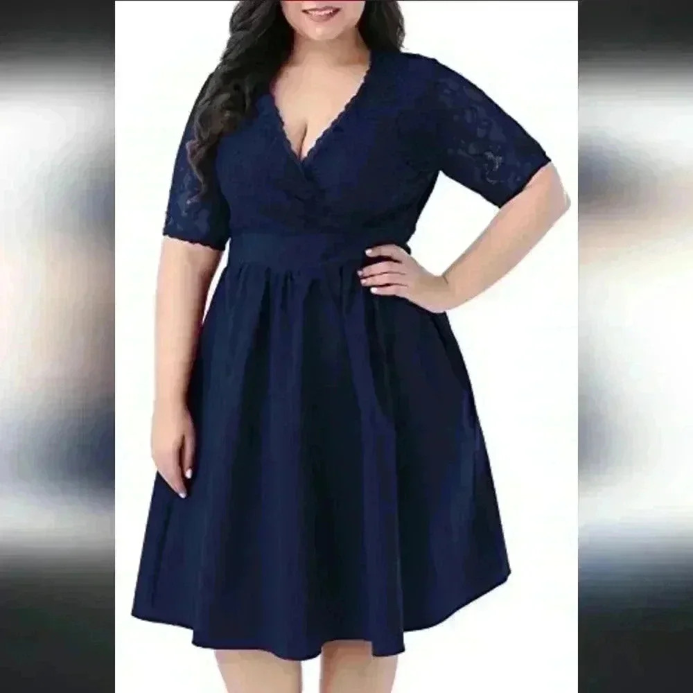 NEMIDOR | Women's  Navy Lace V-Neck Wrap Short Half Sleeved Midi Dress